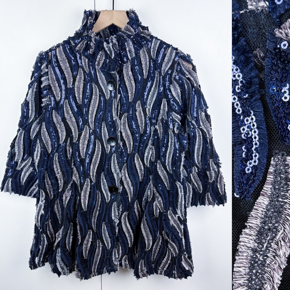 Damee Sequin Beaded Embellished Embroidered Feather Swing Jacket Blue Silver